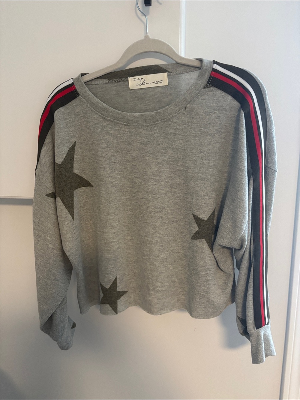Vintage Havana Gray Star Cropped Sweatshirt with Red & Black Stripe